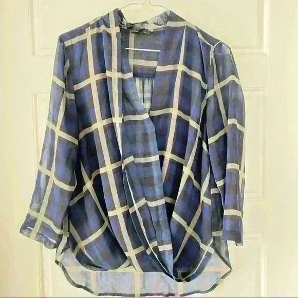 Dynamite Blue Tartan PLAID Sheer  Blouse - Picture 8 of 9